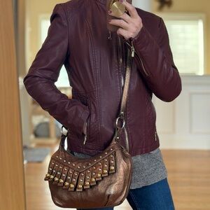 Stud-Embellished Metallic Brown Leather Crossbody Bag